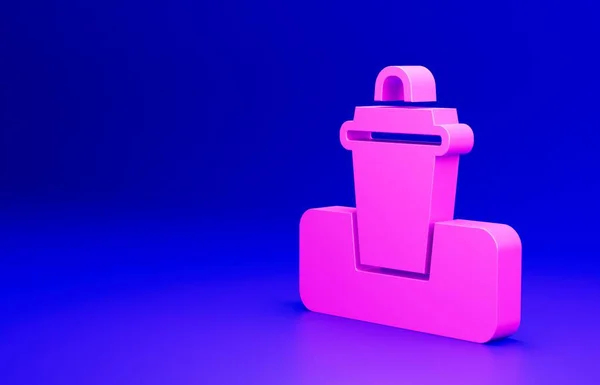 Pink Trash can icon isolated on blue background. Garbage bin sign. Recycle basket icon. Office trash icon. Minimalism concept. 3D render illustration.