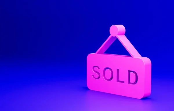Pink Hanging sign with text Sold icon isolated on blue background. Auction sold. Sold signboard. Bidding concept. Auction competition. Minimalism concept. 3D render illustration.