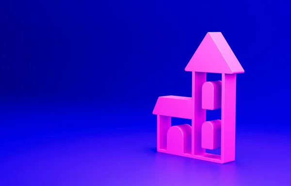 Pink Church building icon isolated on blue background. Christian Church. Religion of church. Minimalism concept. 3D render illustration.