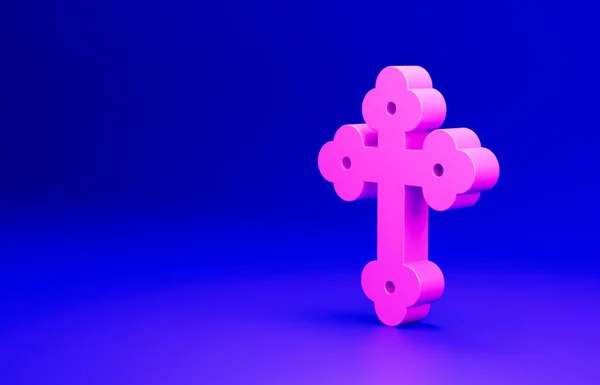 Pink Christian cross icon isolated on blue background. Church cross. Minimalism concept. 3D render illustration.