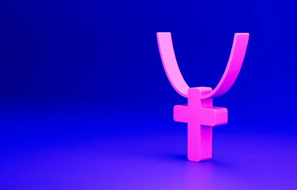 Pink Christian cross on chain icon isolated on blue background. Church cross. Minimalism concept. 3D render illustration.