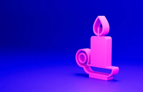 Pink Burning candle in candlestick icon isolated on blue background. Cylindrical candle stick with burning flame. Minimalism concept. 3D render illustration.