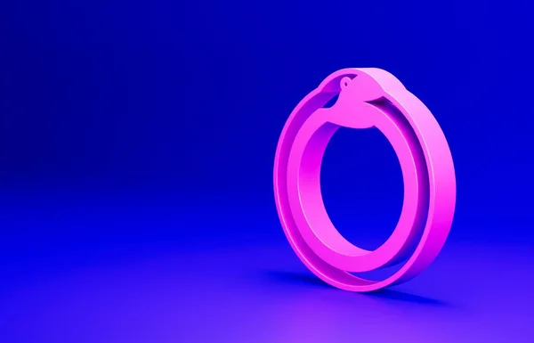 Pink Magic symbol of Ouroboros icon isolated on blue background. Snake biting its own tail. Animal and infinity, mythology and serpent. Minimalism concept. 3D render illustration.