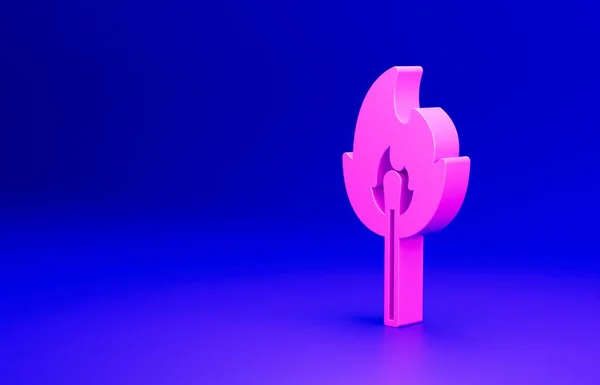 Pink Burning match with fire icon isolated on blue background. Match with fire. Matches sign. Minimalism concept. 3D render illustration.