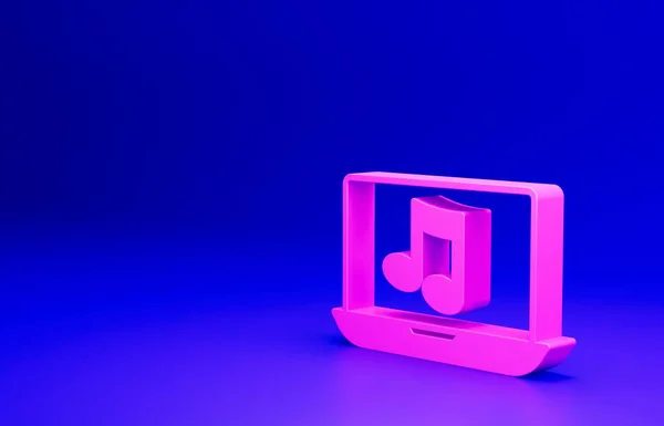 Pinkfarbener Laptop Mit Notensymbol Auf Dem Bildschirm Isoliert Auf Blauem — Stockfoto