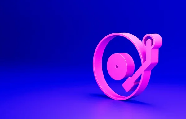 Pink Vinyl player with a vinyl disk icon isolated on blue background. Minimalism concept. 3D render illustration.