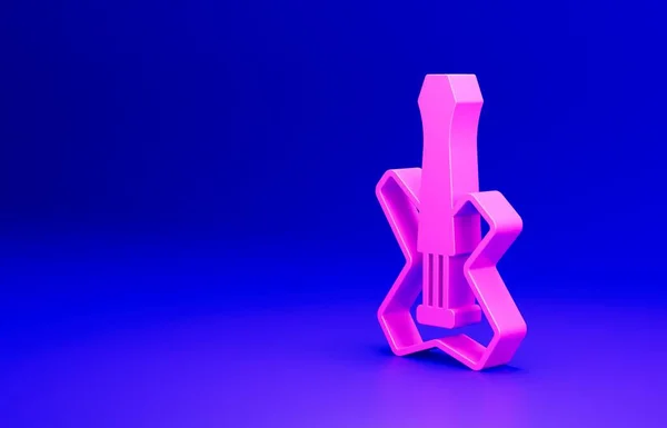 ピンクエレクトリックベースギターアイコンは青の背景に隔離されています 最小限の概念 3Dレンダリング図 — ストック写真