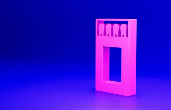 Pink Open matchbox and matches icon isolated on blue background. Minimalism concept. 3D render illustration.
