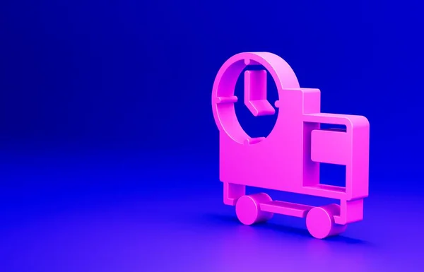 Pink Logistics delivery truck and time icon isolated on blue background. Delivery time icon. Minimalism concept. 3D render illustration.