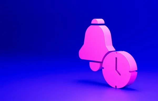 Pink Alarm clock icon isolated on blue background. Wake up, get up concept. Time sign. Minimalism concept. 3D render illustration.