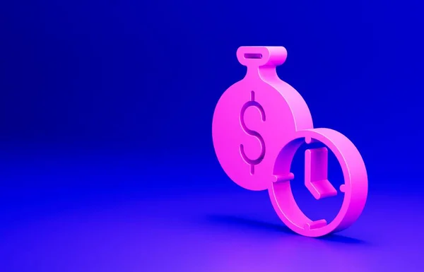 Pink Time is money icon isolated on blue background. Money is time. Effective time management. Convert time to money. Minimalism concept. 3D render illustration.