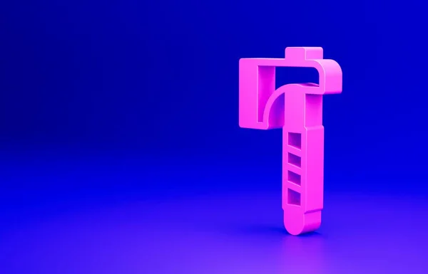 青の背景にピンクの木製の斧のアイコン ルンベルジャック斧 最小限の概念 3Dレンダリング図 — ストック写真