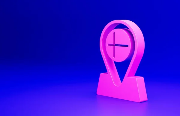 Pink Location marker with round flag nation of Iceland con isolated on blue background. Minimalism concept. 3D render illustration.