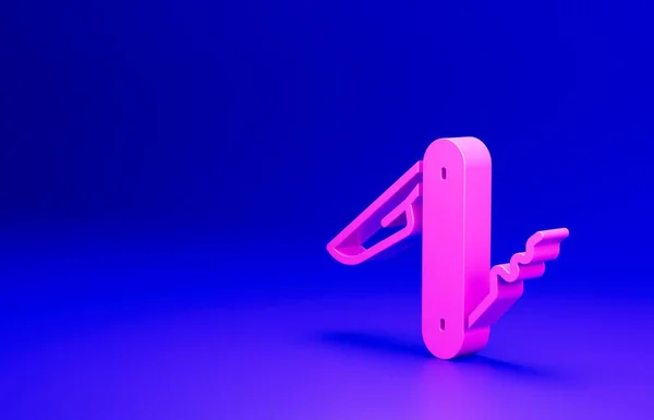 Pink Swiss army knife icon isolated on blue background. Multi-tool, multipurpose penknife. Multifunctional tool. Minimalism concept. 3D render illustration.