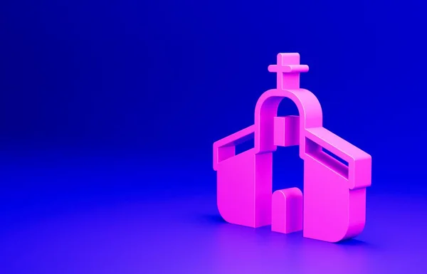 Pink Church building icon isolated on blue background. Christian Church. Religion of church. Minimalism concept. 3D render illustration.