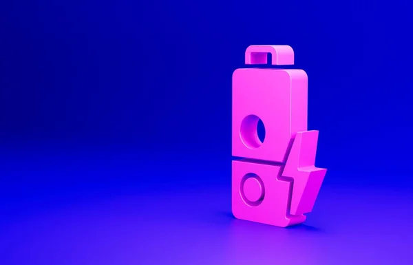 ピンクのバッテリー充電レベルインジケータアイコンは青の背景に隔離されています 最小限の概念 3Dレンダリング図 — ストック写真
