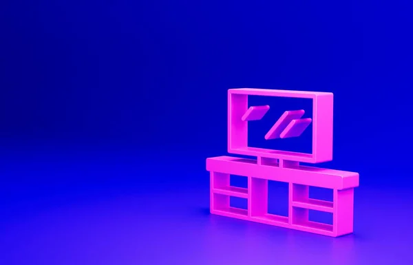 Pinkfarbener Tisch Steht Isoliert Auf Blauem Hintergrund Minimalismus Konzept Darstellung — Stockfoto