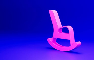 Mavi arka planda pembe sallanan sandalye ikonu izole edildi. Minimalizm kavramı. 3 Boyutlu resimleme.
