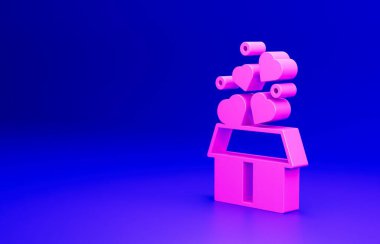 Mavi arka planda izole edilmiş kalpler simgesi olan pembe hediye kutusu. Sevgililer Günü. Minimalizm kavramı. 3 Boyutlu resimleme.