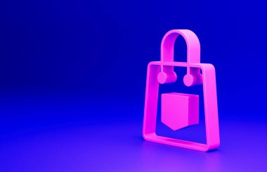 Mavi arkaplanda pembe el çantası simgesi izole edildi. Kadın el çantası işareti. Glamour günlük bagaj sembolü. Minimalizm kavramı. 3 Boyutlu resimleme.