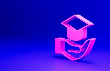 Pembe Eğitim bursu ikonu mavi arka planda izole edilmiş. Okul ücreti, finansal eğitim, bütçe fonu, burs programı, mezuniyet şapkası. Minimalizm kavramı. 3 Boyutlu resimleme.