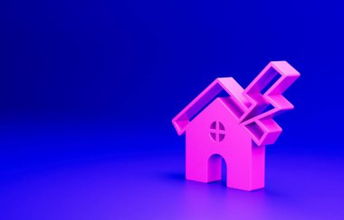 Pembe Ev ve şimşek ikonu mavi arka planda izole edilmiş. Ev ya da mülk sigortası sembolü olarak şimşeği olan bir ev. Minimalizm kavramı. 3 Boyutlu resimleme.