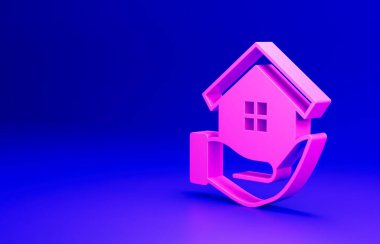 Pembe Ev 'in el resmi mavi arka planda izole edilmiş. Sigorta konsepti. Güvenlik, güvenlik, koruma, konsept koruma. Minimalizm kavramı. 3 Boyutlu resimleme.