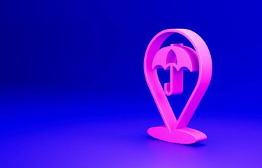 Pembe Şemsiye simgesi mavi arkaplanda izole edildi. Sigorta konsepti. Su geçirmez ikon. Koruma, güvenlik, güvenlik kavramı. Minimalizm kavramı. 3 Boyutlu resimleme.