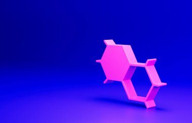 Pembe Kimyasal Formül ikonu mavi arkaplanda izole edildi. Yenilikçi tıp, sağlık, araştırma ve bilim için soyut altıgen. Minimalizm kavramı. 3 Boyutlu resimleme.