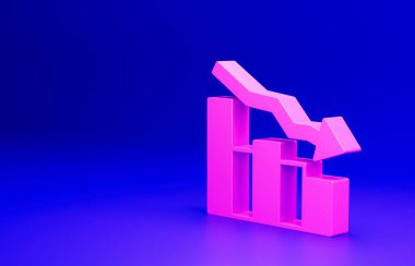 Pembe Finansal Büyüme mavi arka planda izole edilmiş ikonu azaltır. Gelirleri arttırıyorum. Minimalizm kavramı. 3 Boyutlu resimleme.