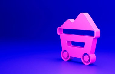 Pembe Kömür madeni tramvay ikonu mavi arka planda izole edilmiş. Fabrika kömür madeni vagonu. Minimalizm kavramı. 3 Boyutlu resimleme.