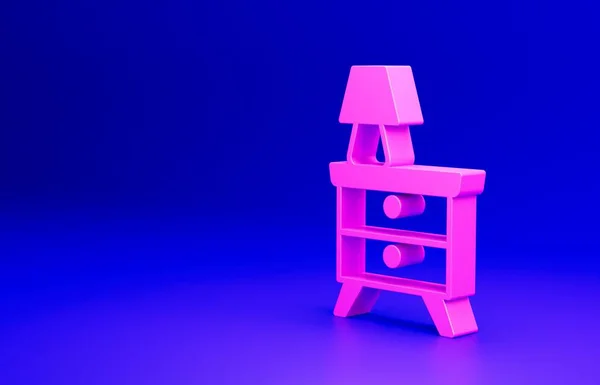 stock image Pink Furniture nightstand with lamp icon isolated on blue background. Minimalism concept. 3D render illustration.