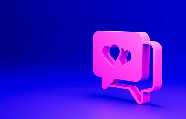 粉红色的心在说话的气泡图标孤立在蓝色的背景 情人节快乐 最低纲领的概念 3D渲染说明 — 图库照片