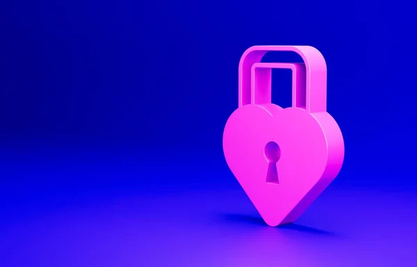 粉色城堡的形状是心形图标 与蓝色背景隔离 锁定的心脏 爱的象征和钥匙孔标志 情人节快乐 最低纲领的概念 3D渲染说明 — 图库照片