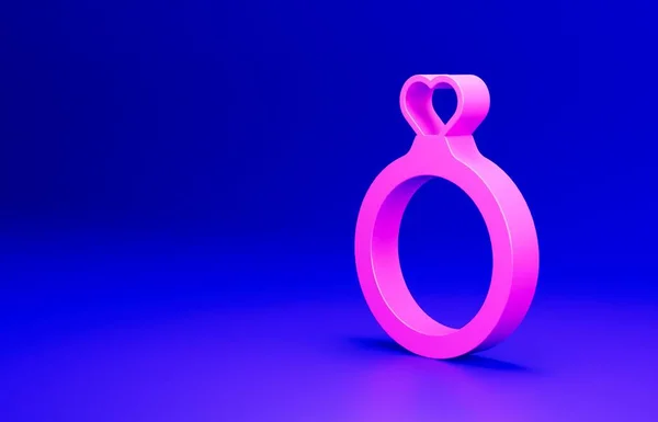 粉色婚戒图标隔离在蓝色背景 新娘和新郎珠宝标志 婚姻的象征 钻石戒指最低纲领的概念 3D渲染说明 — 图库照片