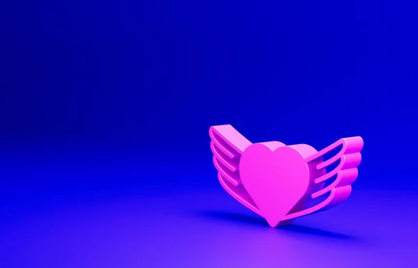 ブルーの背景に羽のアイコンが隔離されたピンクのハート 愛のシンボル ハッピーバレンタインデー 最小限の概念 3Dレンダリング図 — ストック写真