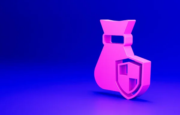 Pink Money bag with shield icon isolated on blue background. Insurance concept. Security, safety, protection, protect concept. Minimalism concept. 3D render illustration.