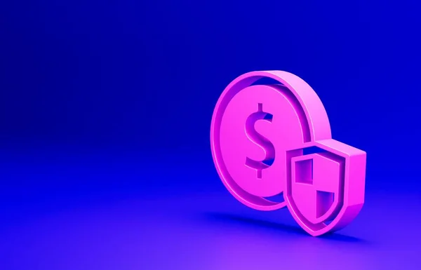Pink Money with shield icon isolated on blue background. Insurance concept. Security, safety, protection, protect concept. Minimalism concept. 3D render illustration.