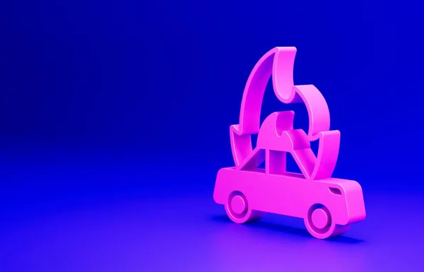 粉色燃烧的汽车图标隔离在蓝色背景 保险概念 车子着火了熄火冒烟的汽车坏了 最低纲领的概念 3D渲染说明 — 图库照片