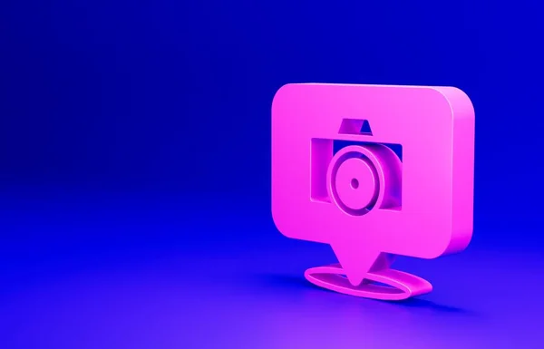 ピンクの写真カメラアイコンは青の背景に隔離されています フォトカメラ デジタル写真 最小限の概念 3Dレンダリング図 — ストック写真