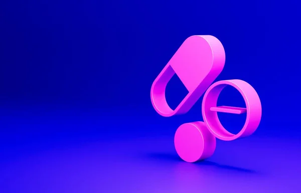 粉色药丸或石碑图标在蓝色背景下分离 胶囊药丸和药征药房设计 最低纲领的概念 3D渲染说明 — 图库照片