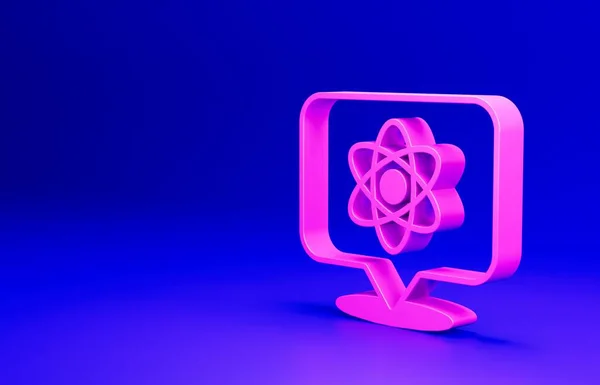 Pink Atom icon isolated on blue background. Symbol of science, education, nuclear physics, scientific research. Minimalism concept. 3D render illustration.