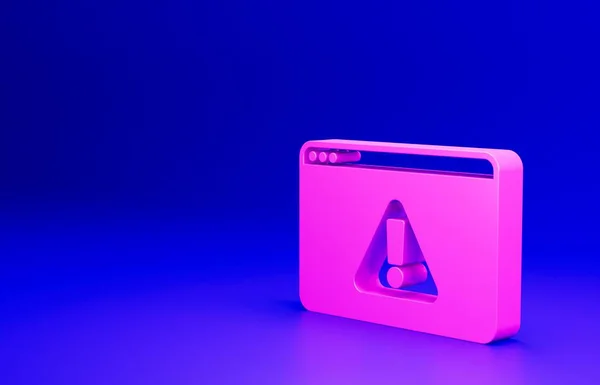 Pink Browser with exclamation mark icon isolated on blue background. Alert message smartphone notification. Minimalism concept. 3D render illustration.