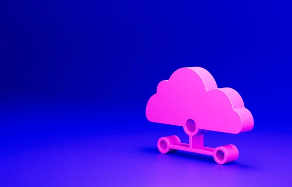 Pink Network cloud connection icon isolated on blue background. Social technology. Cloud computing concept. Minimalism concept. 3D render illustration.