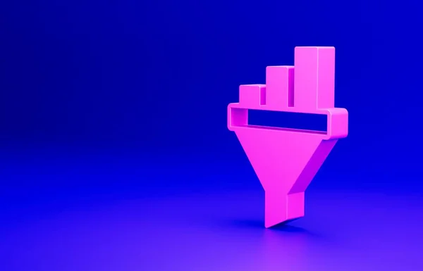 Pink Sales funnel with chart for marketing and startup business icon isolated on blue background. Infographic template. Minimalism concept. 3D render illustration.