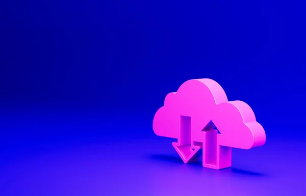 Pink Cloud download and upload icon isolated on blue background. Minimalism concept. 3D render illustration.