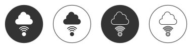 Siyah Ağ bulut bağlantısı simgesi beyaz arkaplanda izole edildi. Sosyal teknoloji. Bulut hesaplama konsepti. Çember düğmesi. Vektör