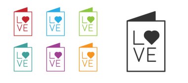 Siyah Sevgililer Günü parti broşürü beyaz arka planda izole edilmiş. Kutlama için davetiye ya da tebrik kartı şablonu. Simgeleri renklendirin. Vektör