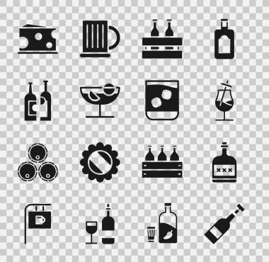 Açılmış şarap, alkol, rom, kokteyl, bira şişeleri, şişeler, peynir ve viski ikonu. Vektör