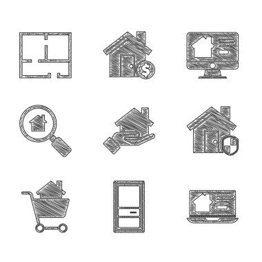 Emlakçı, Kapalı Kapı, Çevrimiçi Emlak Evi, Koruma Altındaki Ev, Alışveriş Arabası, Arama ve Plan ikonu. Vektör